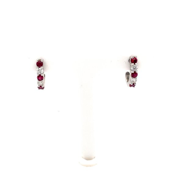 14K White Gold Ruby and Diamond Half-Hoop Earrings - Picture 1 of 3